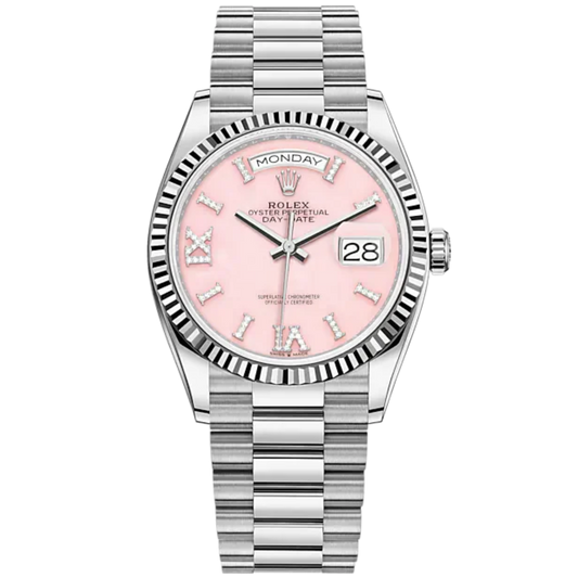 Day-Date 36 36mm President Bracelet and 18 KT White Gold with Pink Opal Diamond-Set Dial and Fluted Bezel