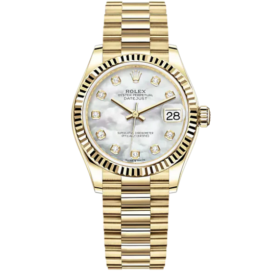 Datejust 31 31mm President Bracelet and 18 CT Yellow Gold with White Mother-Of-Pearl Diamond Set Dial Fluted Bezel