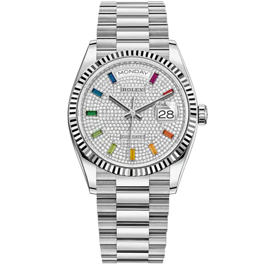 Day-Date 36 36mm President Bracelet and 18 KT White Gold with Diamond-Paved Dial and Fluted Bezel