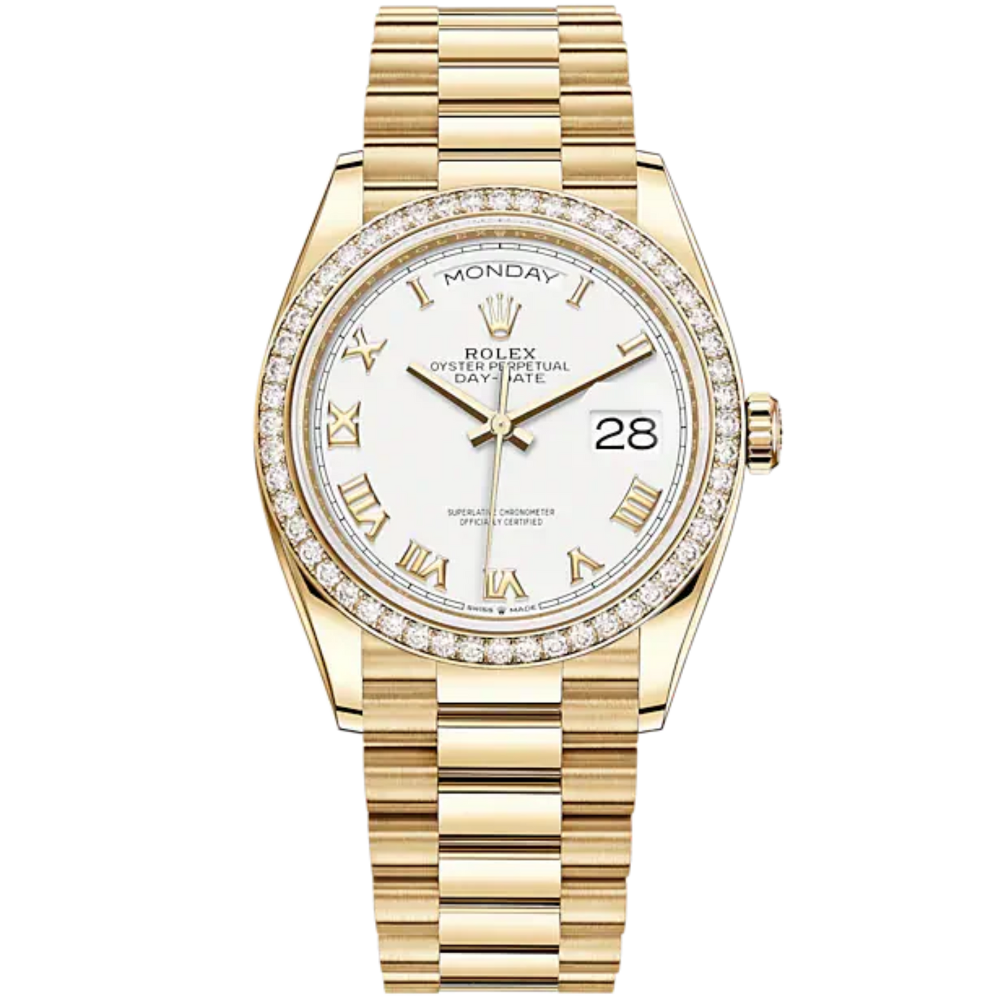 Day-Date 36 36mm President Bracelet and 18 KT Yellow Gold with White Dial and Diamond-Set Bezel
