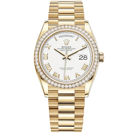 Day-Date 36 36mm President Bracelet and 18 KT Yellow Gold with White Dial and Diamond-Set Bezel