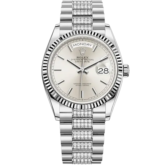 Day-Date 36 36mm President Bracelet and 18 KT White Gold with Silver Dial Fluted Bezel