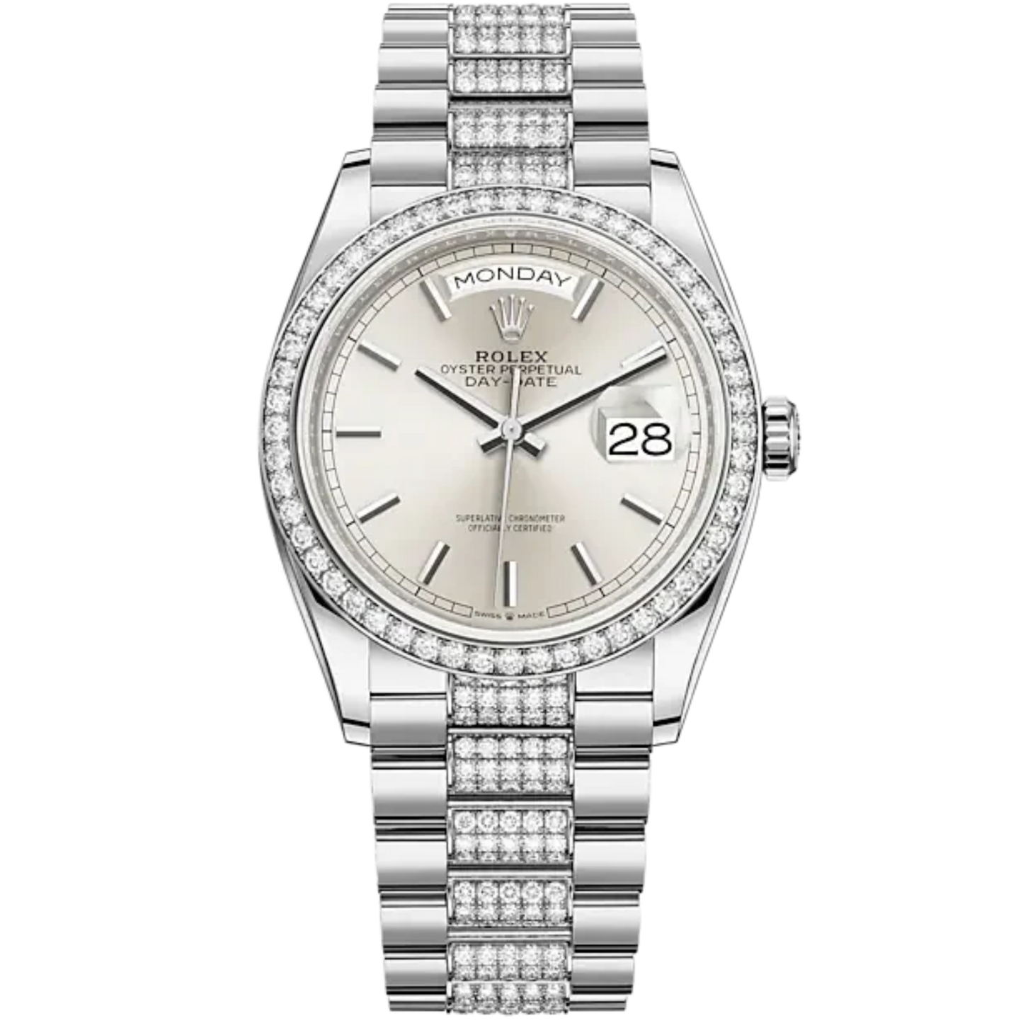 Day-Date 36 36mm Diamond-Set President Bracelet and 18 KT White Gold with Silver Dial Diamond-Set Bezel