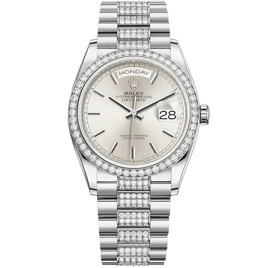 Day-Date 36 36mm Diamond-Set President Bracelet and 18 KT White Gold with Silver Dial Diamond-Set Bezel