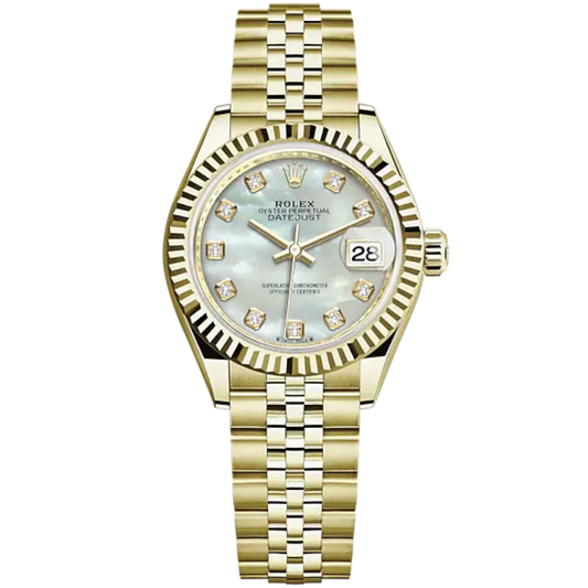 Lady-DateJust 28mm Jubilee Bracelet and 18 KT Yellow Gold with White Mother-of-Pearl Diamond-Set Dial Fluted Bezel