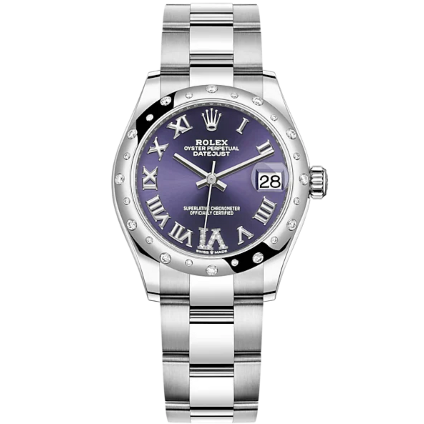 Datejust 31 31mm Oyster Bracelet Oystersteel and White Gold with Aubergine Diamond Roman Dial Diamond-Set Bezel