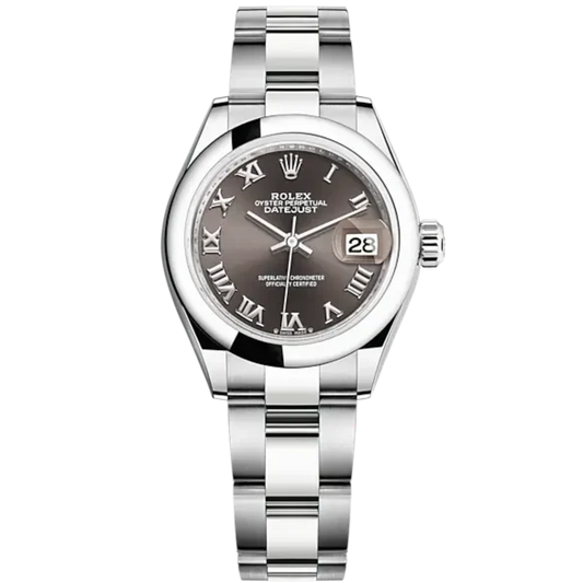 Lady-DateJust 28mm Oyster Oystersteel Bracelet and Dark Grey Dial Domed Bezel