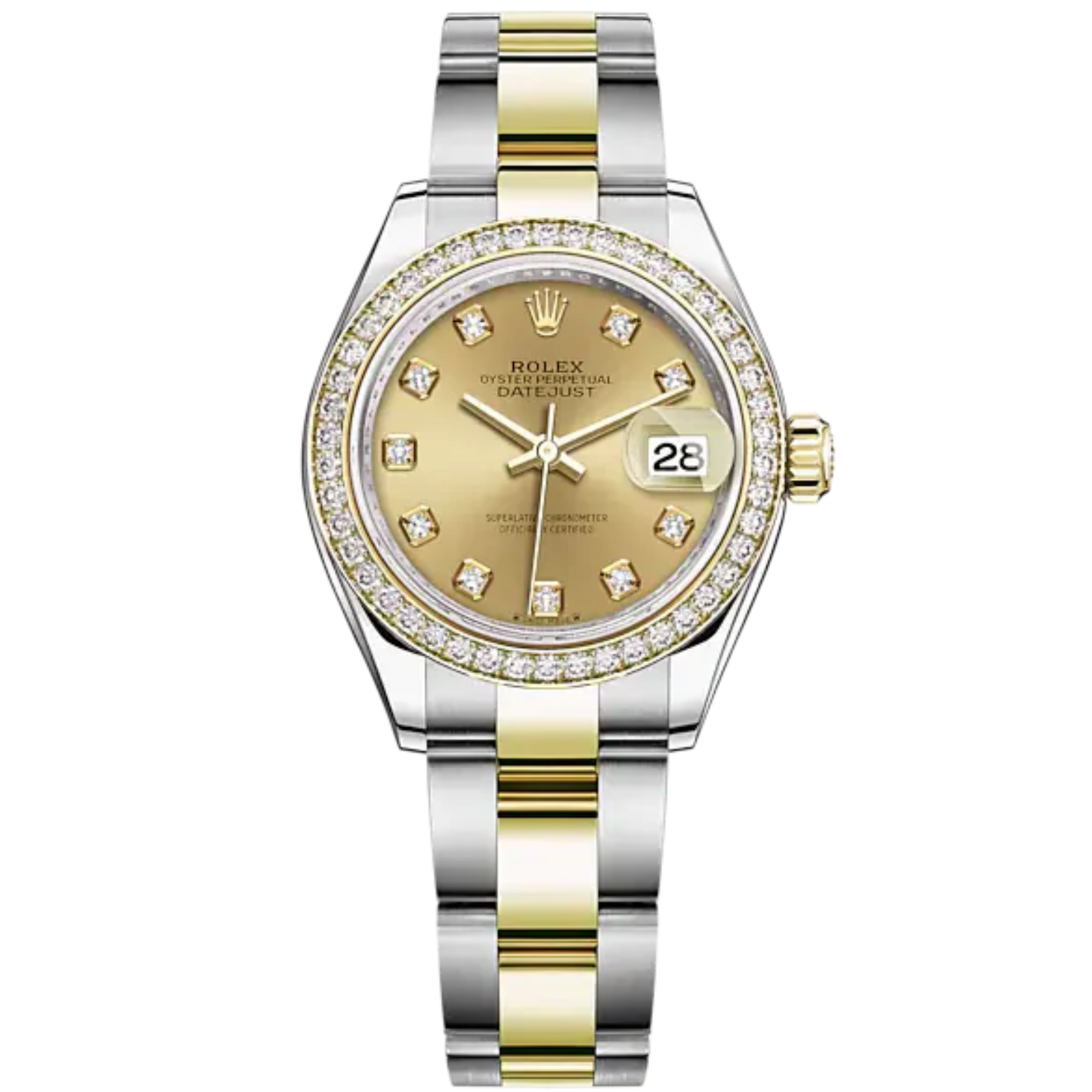 Lady-DateJust 28mm Oyster Oystersteel Bracelet and Yellow Gold with Champagne-Colour Dial Diamond-Set Dial Diamond-Set Bezel