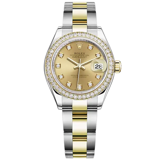 Lady-DateJust 28mm Oyster Oystersteel Bracelet and Yellow Gold with Champagne-Colour Dial Diamond-Set Dial Diamond-Set Bezel