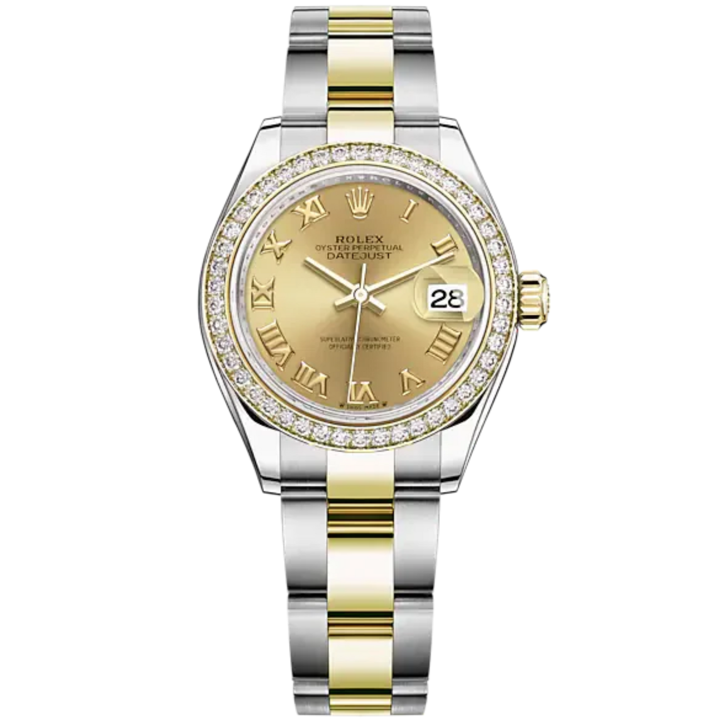 Lady-DateJust 28mm Oyster Oystersteel Bracelet and Yellow Gold with Champagne-Colour Dial Diamond-Set Bezel