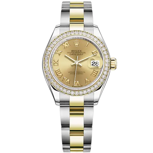 Lady-DateJust 28mm Oyster Oystersteel Bracelet and Yellow Gold with Champagne-Colour Dial Diamond-Set Bezel