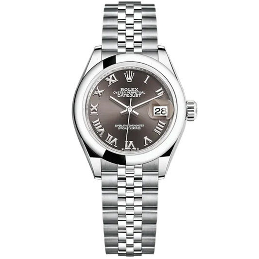 Lady-DateJust 28mm Oystersteel Jubilee Bracelet and Dark Grey Dial Domed Bezel