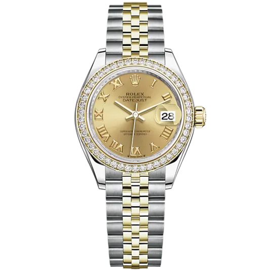 Lady-DateJust 28mm Oystersteel Jubilee Bracelet and Yellow Gold with Champagne-Colour Dial Diamond-Set Bezel