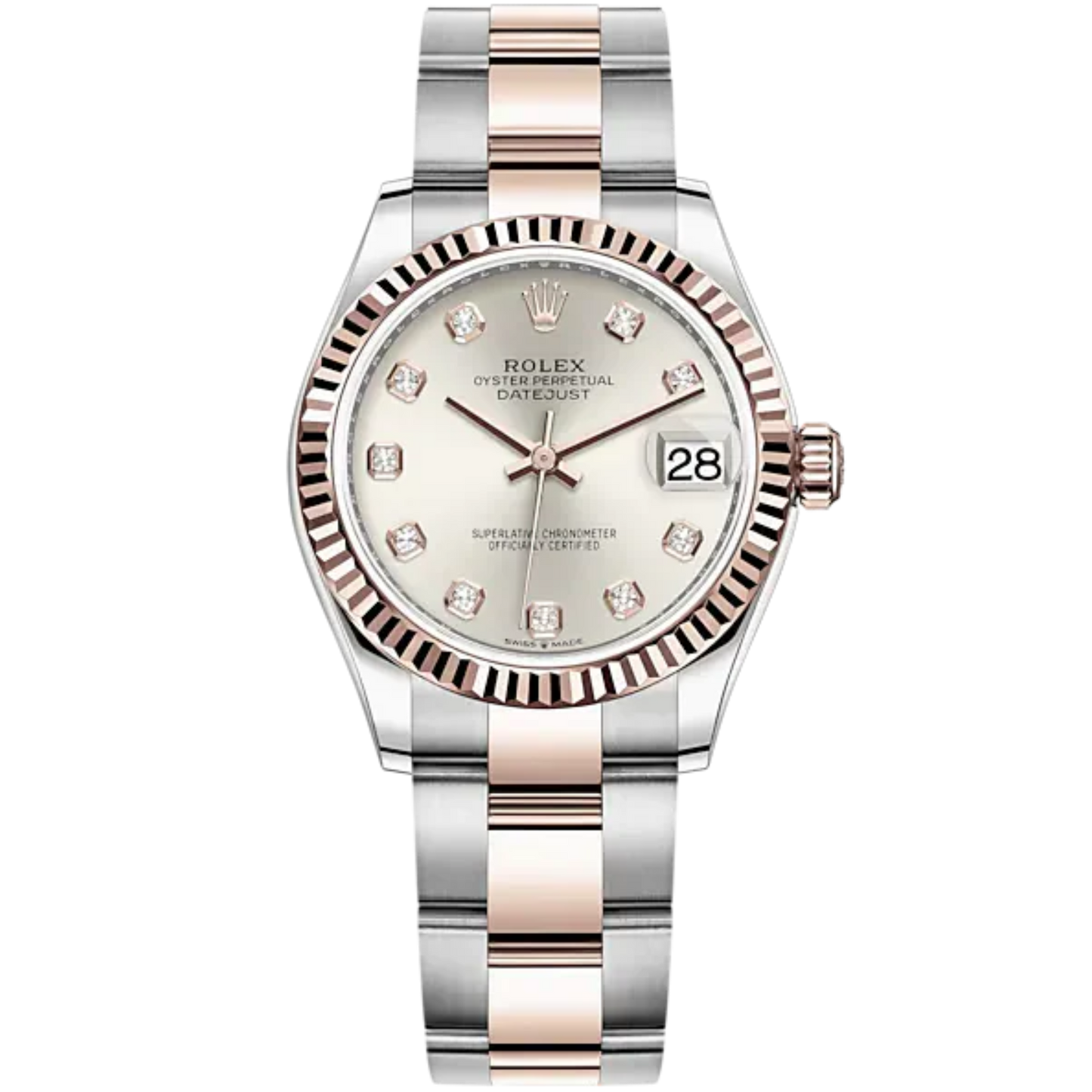 Datejust 31 31mm Oyster Bracelet Oystersteel and Everose Gold with Silver Diamond-Set Dial Fluted Bezel