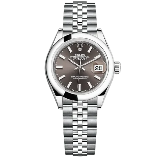 Lady-DateJust 28mm Oystersteel Jubilee Bracelet and Dark Grey Dial Domed Bezel