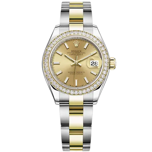 Lady-DateJust 28mm Oyster Oystersteel Bracelet and Yellow Gold with Champagne-Colour Dial Diamond-Set Bezel