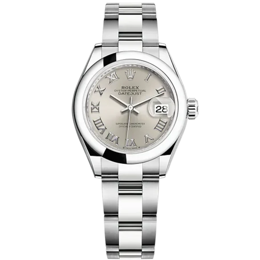 Lady-DateJust 28mm Oyster Oystersteel Bracelet and Silver Dial Domed Bezel