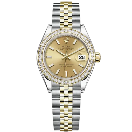 Lady-DateJust 28mm Oystersteel Jubilee Bracelet and Yellow Gold with Champagne-Colour Dial Diamond-Set Bezel