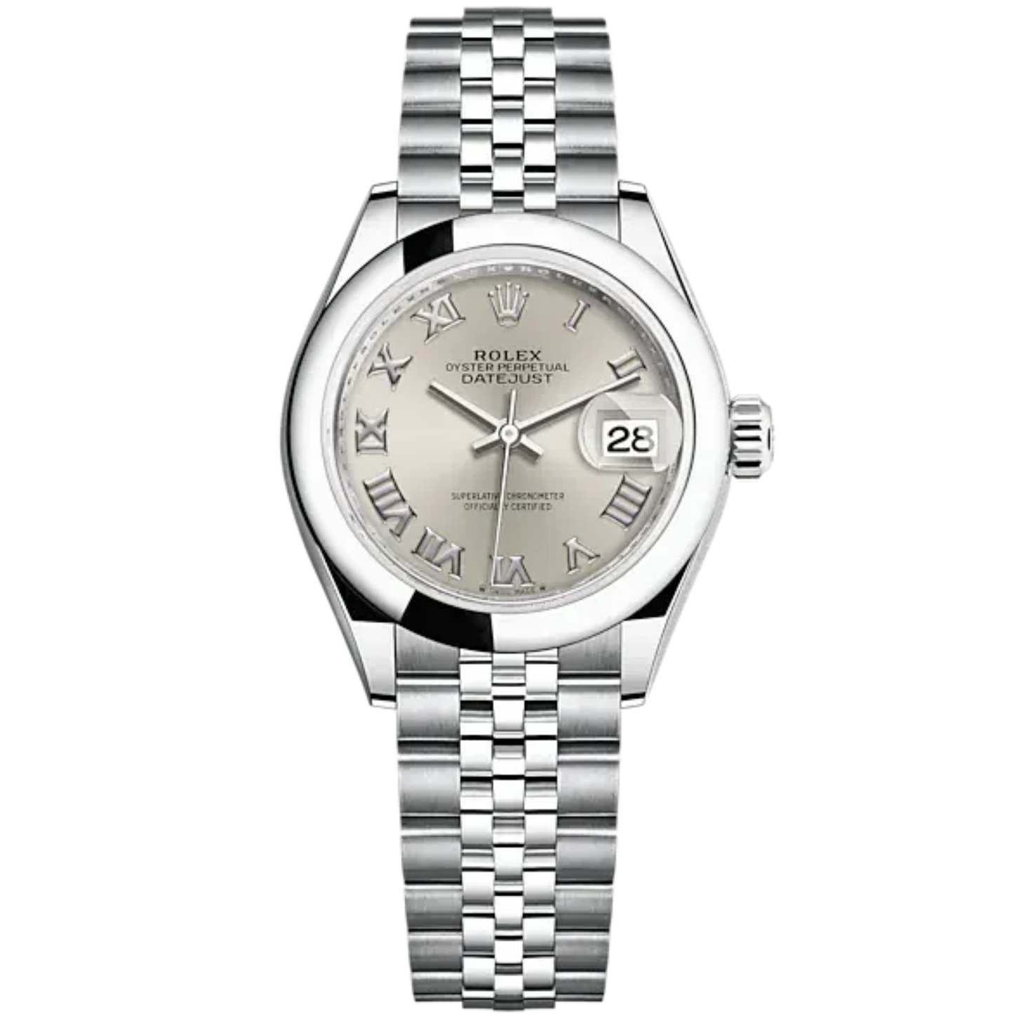 Lady-DateJust 28mm Oystersteel Jubilee Bracelet and Silver Dial Domed Bezel