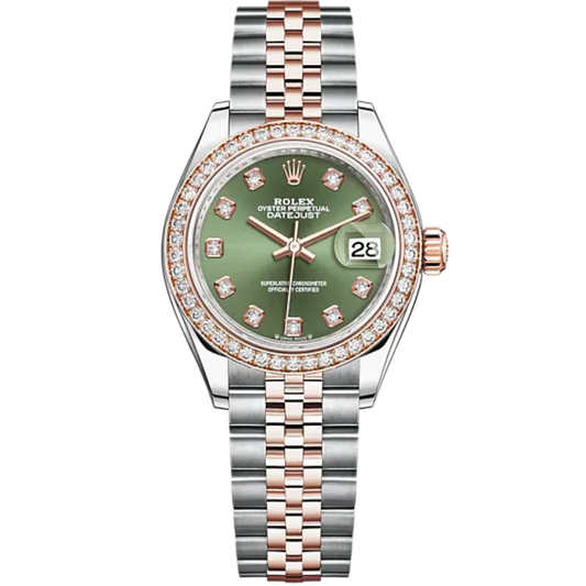 Lady-DateJust 28mm Oystersteel Jubilee Bracelet and Everose Gold with Olive-Green Dial Diamond-Set Dial Diamond-Set Bezel