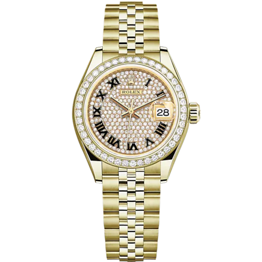 Lady-DateJust 28mm Jubilee Bracelet and 18 KT Yellow Gold with Diamond-Paved Dial Diamond-Set Bezel