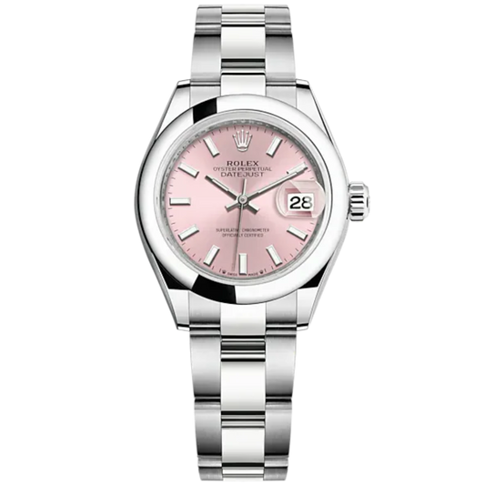 Lady-DateJust 28mm Oyster Oystersteel Bracelet and Pink Dial Domed Bezel