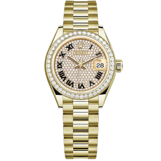 Lady-DateJust 28mm President Bracelet and 18 KT Yellow Gold with Diamond-Paved Dial Diamond-Set Bezel