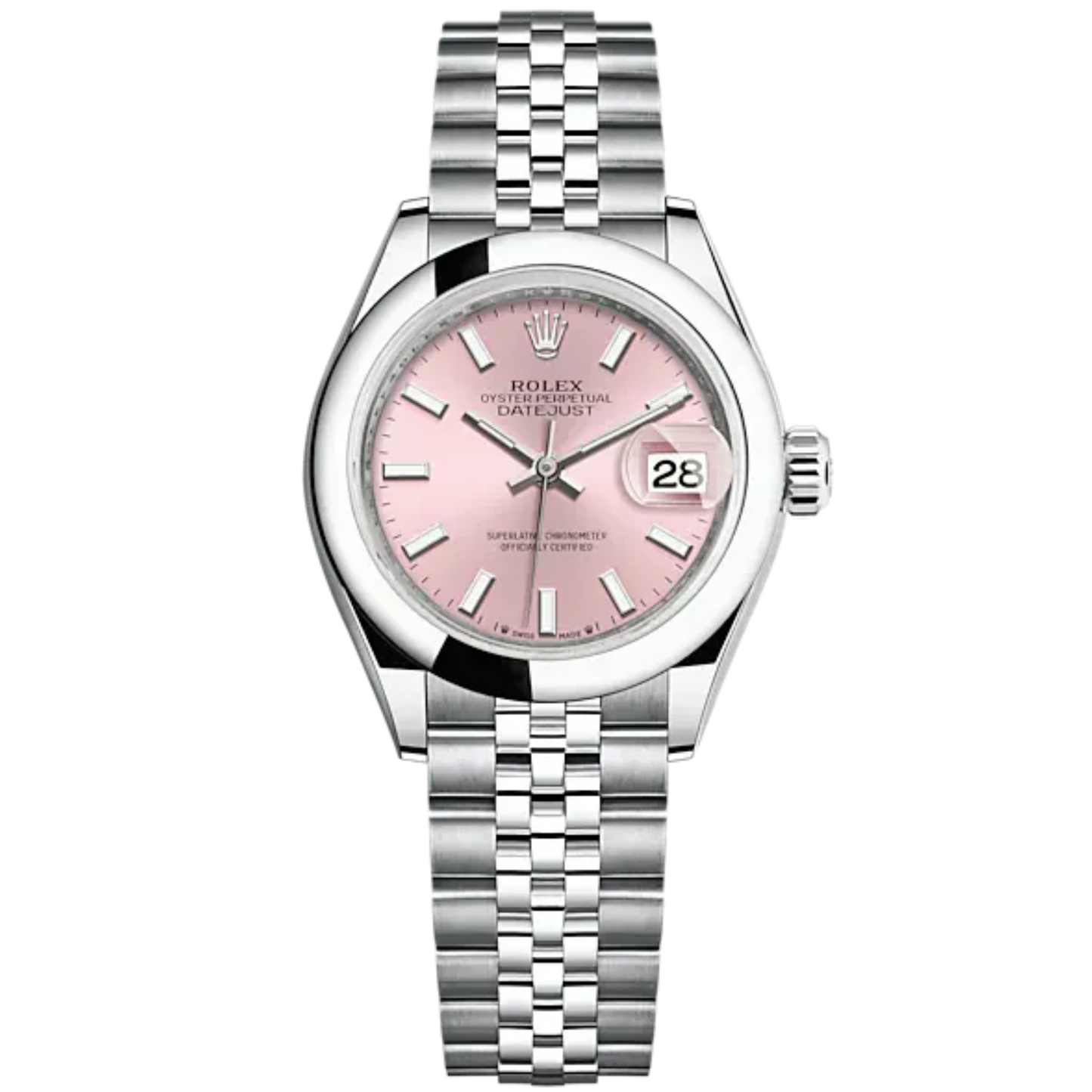 Lady-DateJust 28mm Oystersteel Jubilee Bracelet and Pink Dial Domed Bezel