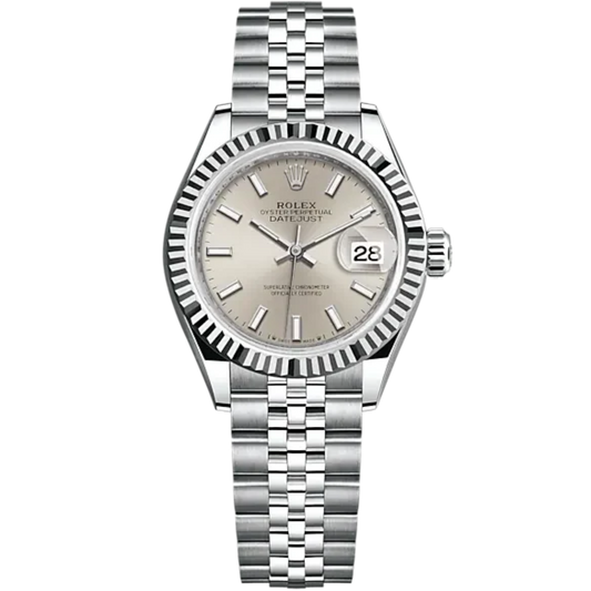 Lady-DateJust 28mm Oystersteel Jubilee Bracelet and White Gold with Silver Dial Fluted Bezel