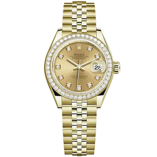 Lady-DateJust 28mm Jubilee Bracelet and 18 KT Yellow Gold with Champagne-Colour Dial Diamond-Set Dial Diamond-Set Bezel