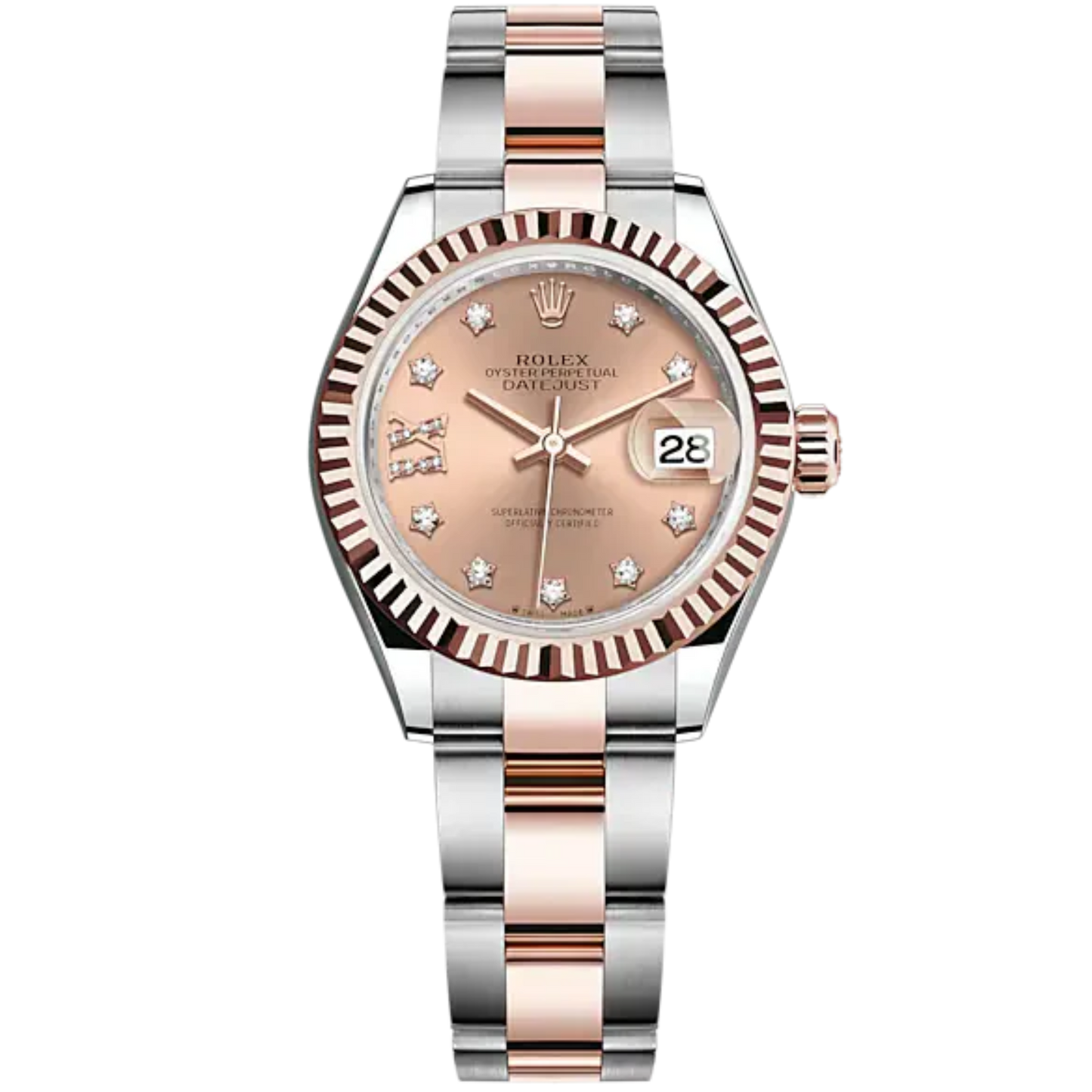 Lady-DateJust 28mm Oyster Oystersteel Bracelet and Everose Gold with Rosé-Colour Dial Diamond-Set Dial Fluted Bezel