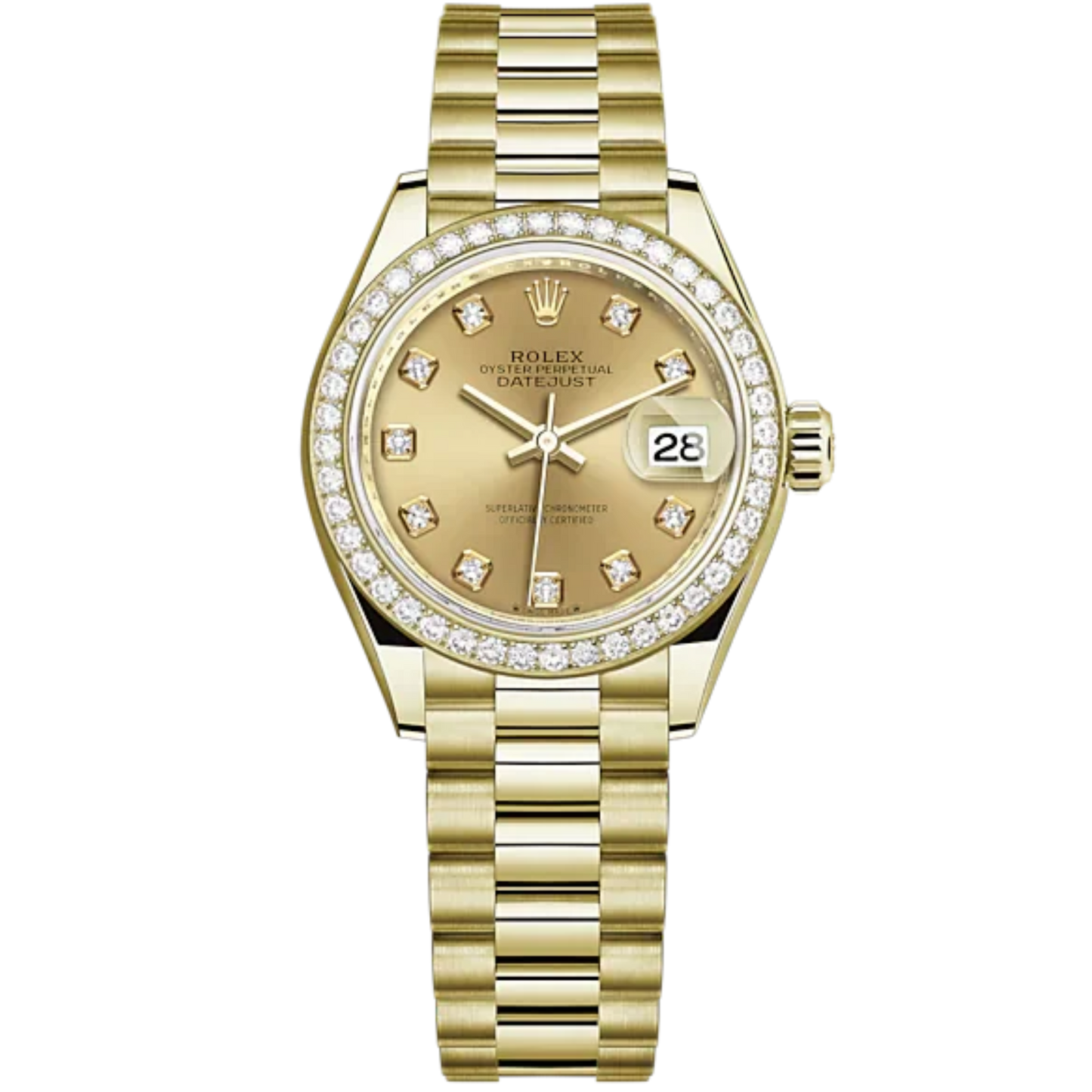 Lady-DateJust 28mm President Bracelet and 18 KT Yellow Gold with Champagne-Colour Diamond-Set Dial and Diamond-Set Bezel
