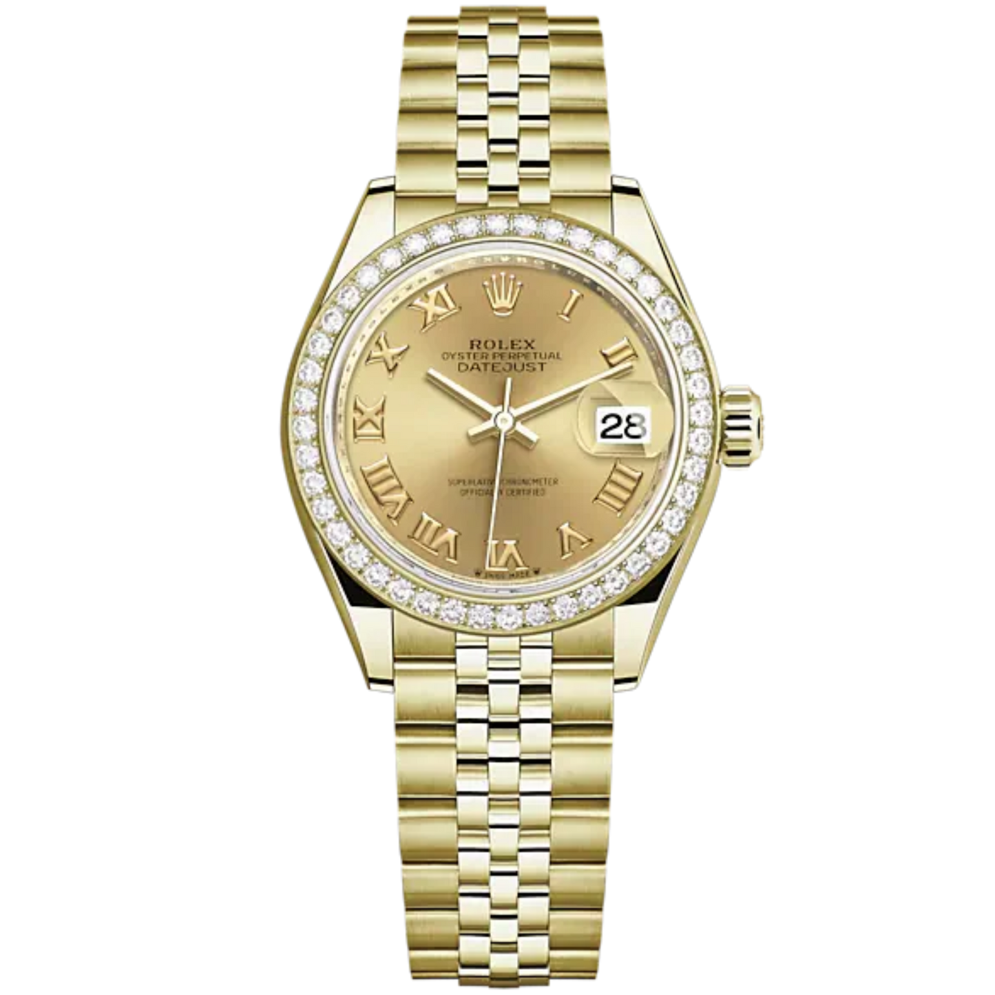 Lady-DateJust 28mm Jubilee Bracelet and 18 KT Yellow Gold with Champagne-Colour Roman Dial Diamond-Set Bezel