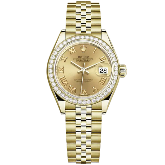 Lady-DateJust 28mm Jubilee Bracelet and 18 KT Yellow Gold with Champagne-Colour Roman Dial Diamond-Set Bezel