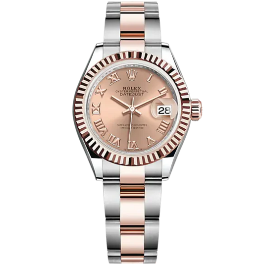 Lady-DateJust 28mm Oyster Oystersteel Bracelet and Everose Gold with Rosé-Colour Roman Dial Fluted Bezel