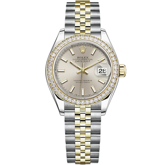 Lady-DateJust 28mm Oystersteel Jubilee Bracelet and Yellow Gold with Silver Dial Diamond-Set Bezel