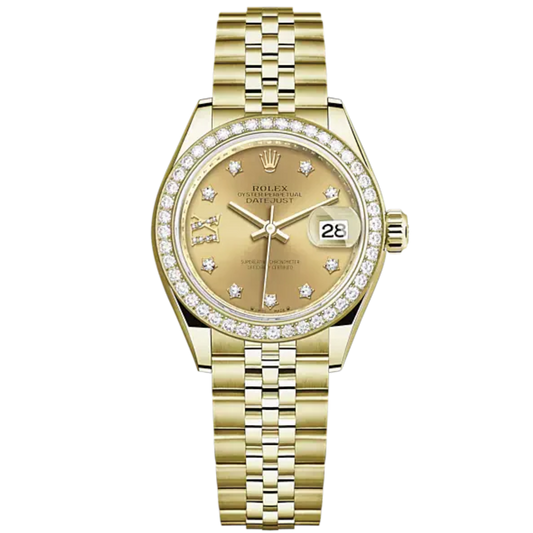 Lady-DateJust 28mm Jubilee Bracelet and 18 KT Yellow Gold with Champagne-Colour Dial Diamond-Set Dial Diamond-Set Bezel