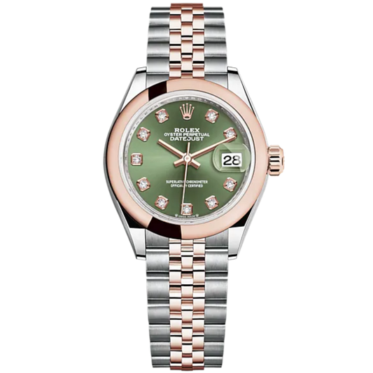 Lady-DateJust 28mm Oystersteel Jubilee Bracelet and Everose Gold with Olive-Green Dial Diamond-Set Dial Domed Bezel