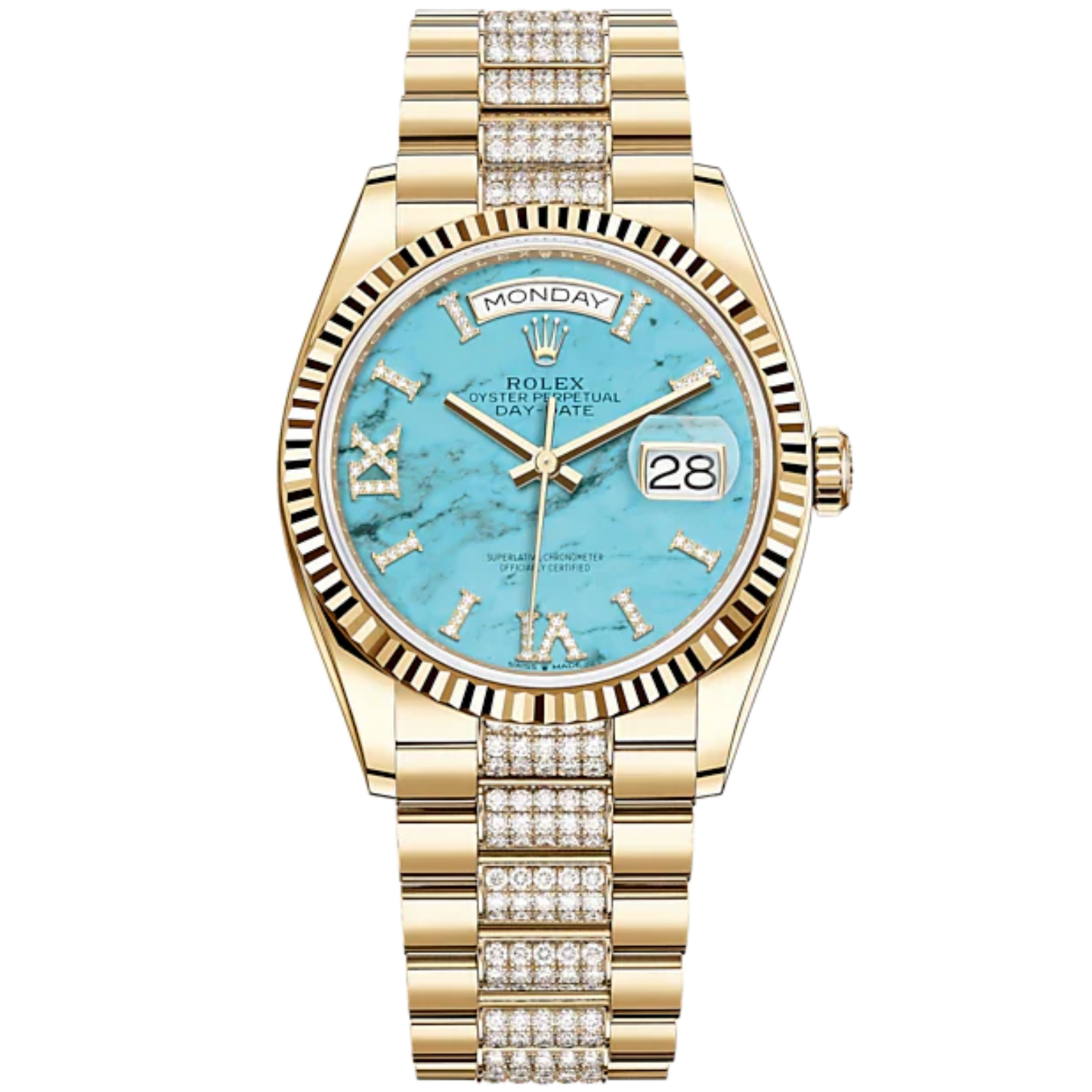 Day-Date 36 36mm Diamond-Set President Bracelet and 18 KT Yellow Gold with Turquoise Dial Fluted Bezel