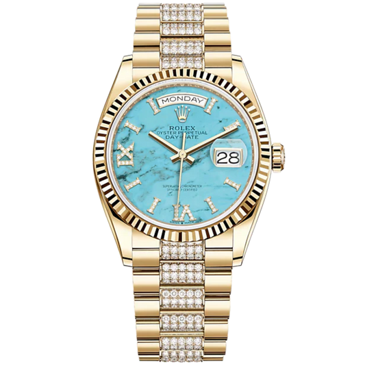 Day-Date 36 36mm Diamond-Set President Bracelet and 18 KT Yellow Gold with Turquoise Dial Fluted Bezel