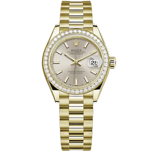 Lady-DateJust 28mm President Bracelet and 18 KT Yellow Gold with Silver Dial Diamond-Set Bezel