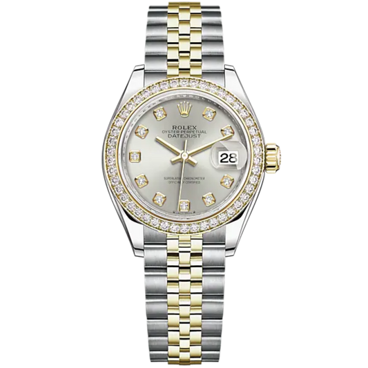 Lady-DateJust 28mm Oystersteel Jubilee Bracelet and Yellow Gold with Silver Dial Diamond-Set Dial Diamond-Set Bezel