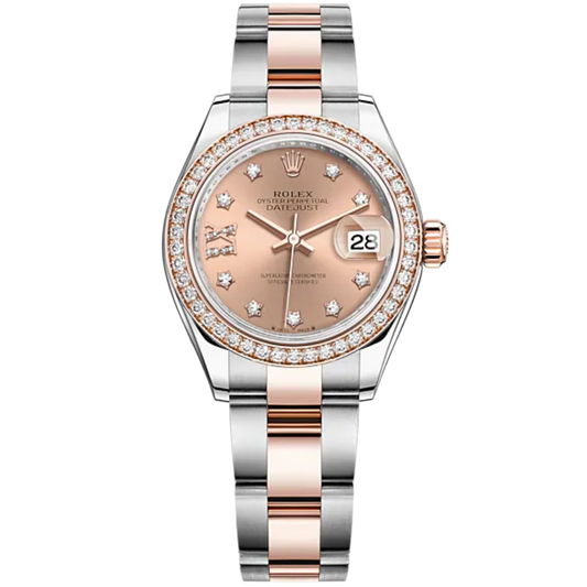 Lady-DateJust 28mm Oyster Oystersteel Bracelet and Everose Gold with Rosé-Colour Dial Diamond-Set Dial Diamond-Set Bezel
