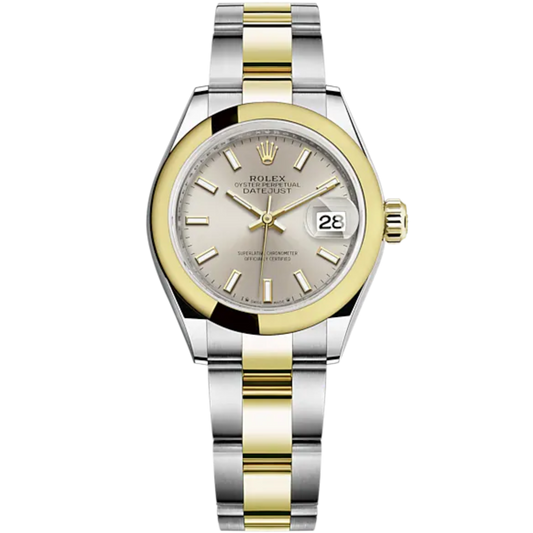 Lady-DateJust 28mm Oyster Oystersteel Bracelet and Yellow Gold with Silver Dial Domed Bezel