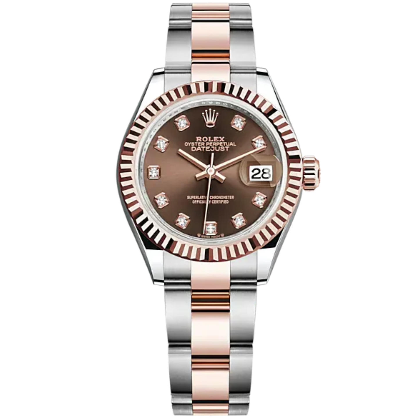 Lady-DateJust 28mm Oyster Oystersteel Bracelet and Everose Gold with Chocolate Dial Diamond-Set Dial Fluted Bezel