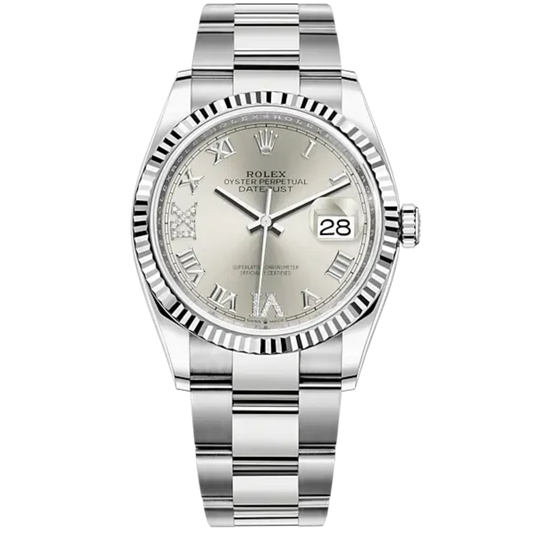 Rolex Datejust Ref. 126234 36mm Oyster Bracelet and White Gold with Silver Roman Dial Fluted Bezel