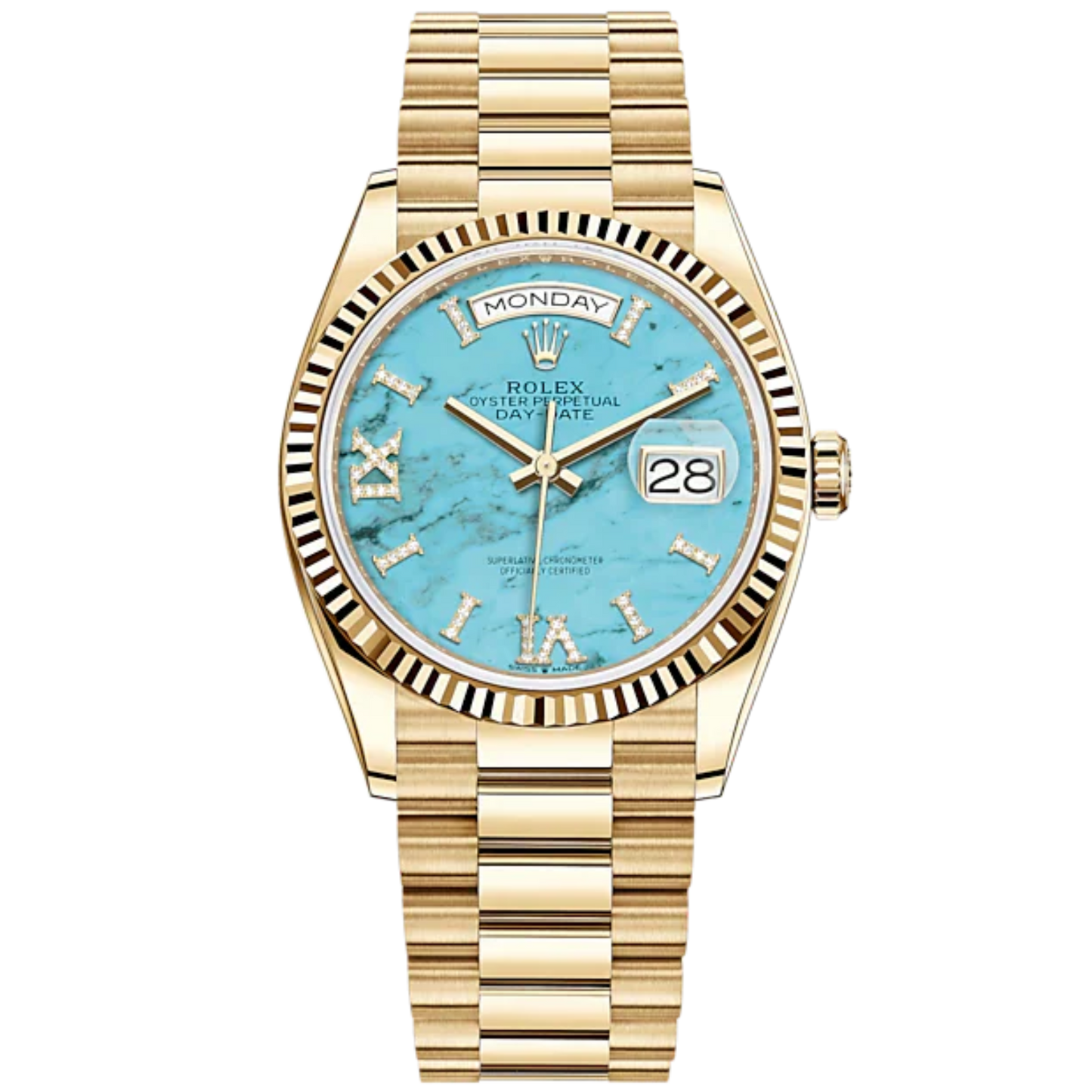 Day-Date 36 36mm President Bracelet and 18 KT Yellow Gold with Turquoise Dial Fluted Bezel