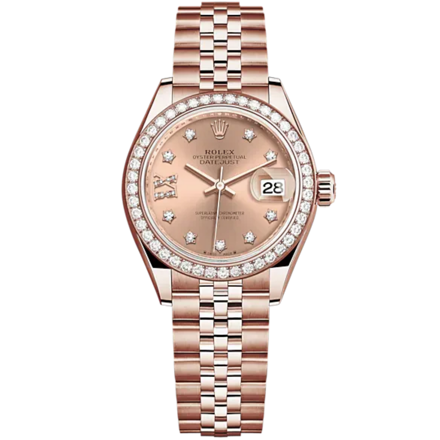 Lady-DateJust 28mm Jubilee Bracelet and 18 KT Everose Gold with Rosé-Colour Dial Diamond-Set Dial Diamond-Set Bezel