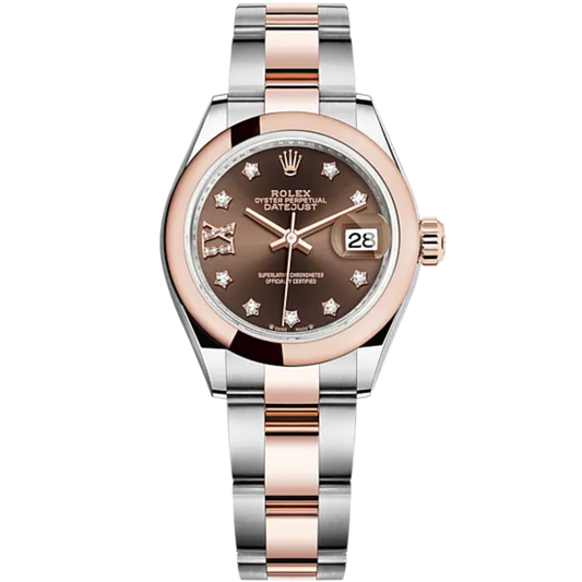 Lady-DateJust 28mm Oyster Oystersteel Bracelet and Everose Gold with Chocolate Dial Diamond-Set Dial Domed Bezel