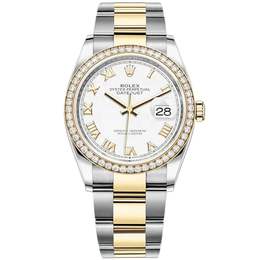 Datejust 36 36mm Oyster Bracelet Oystersteel and Yellow Gold with White Roman Dial Diamond-Set Bezel